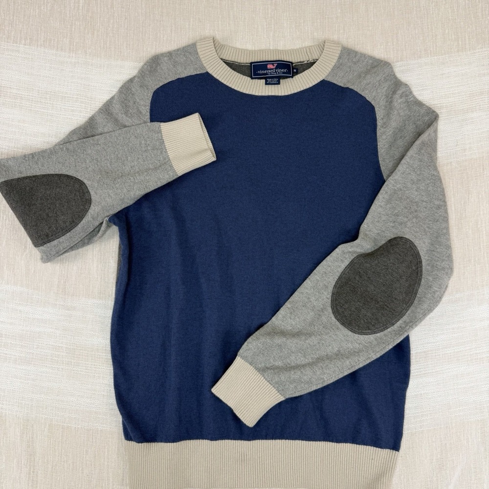 Vineyard Vines Mens Colorblock Sweater M Cotton Cashmere  Blue Gray Elbow Patch